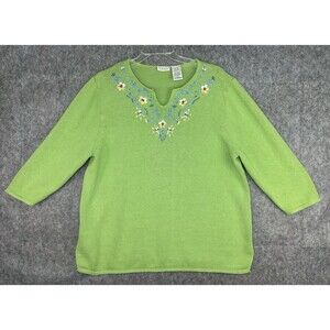 White Stag Women’s Plus Embroidered Floral Green Knit Sweater 22W/24W